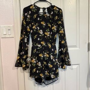Floral Black Backless Romper